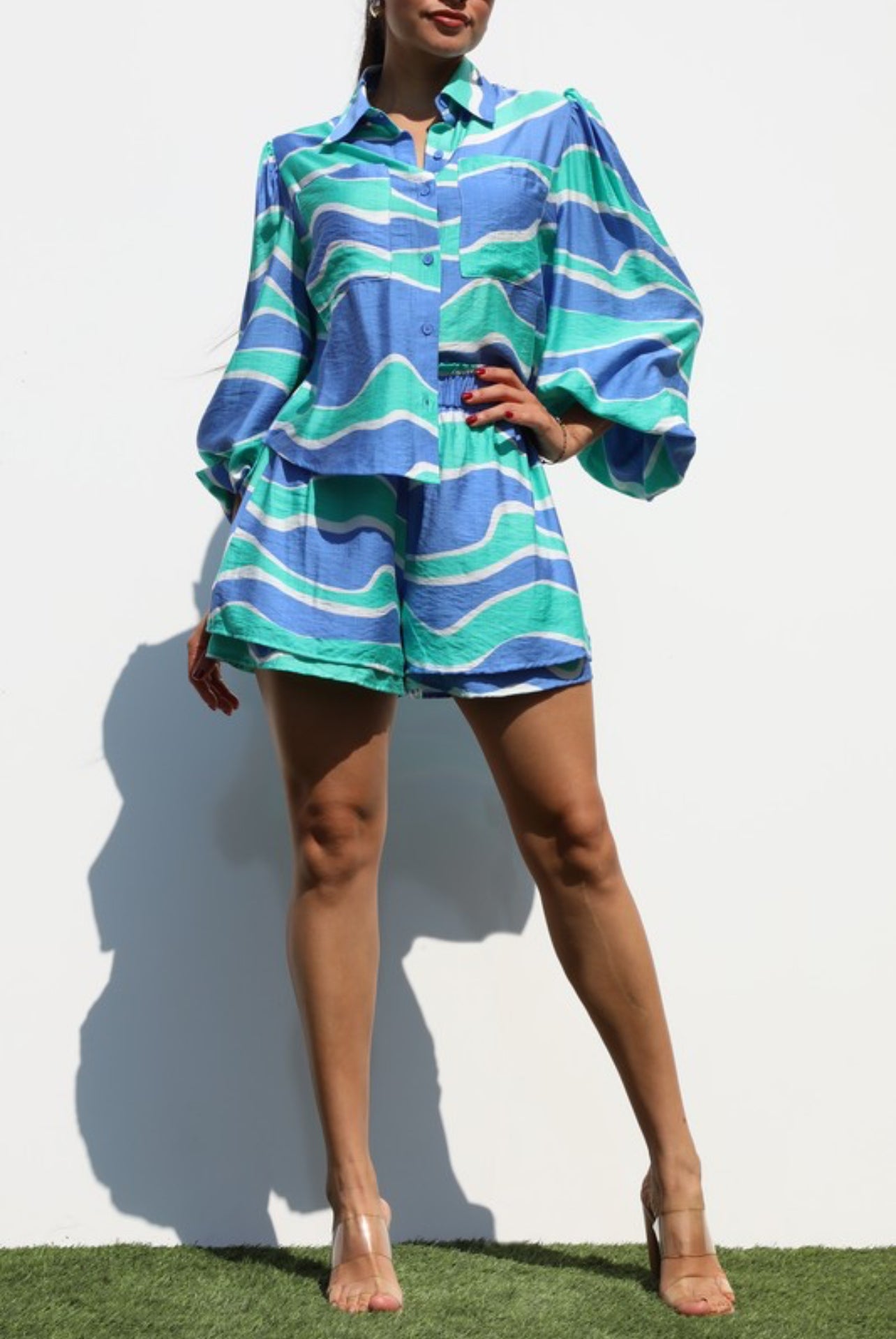 Button Down Woven Shirt Top And Pant Set