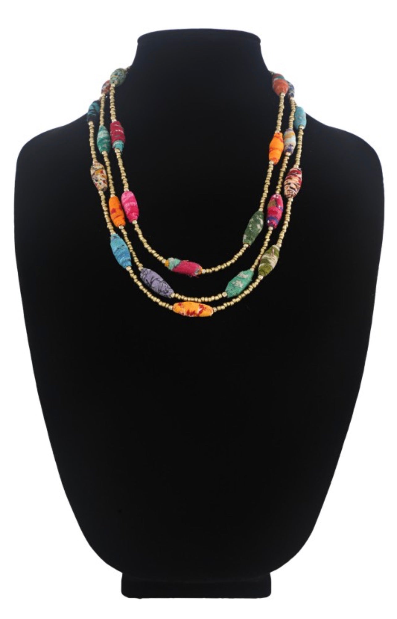 Fabric Covered Elongated Beads Necklace