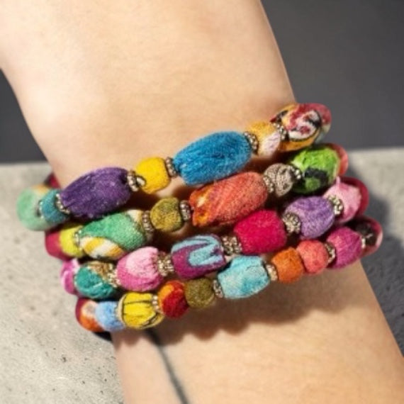 Fabric Covered Elongated Beads Bracelet