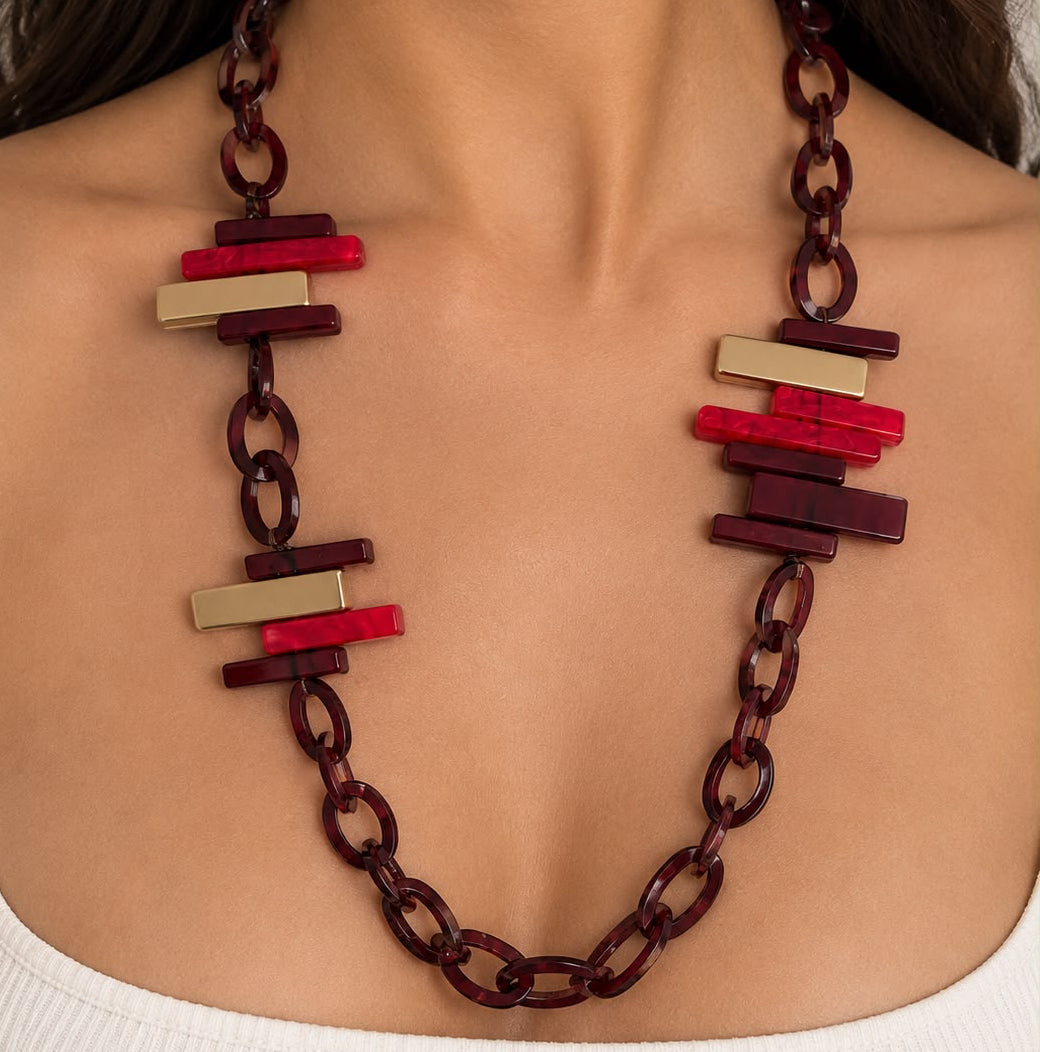Burgundy, Red and Gold Rectangles Necklace