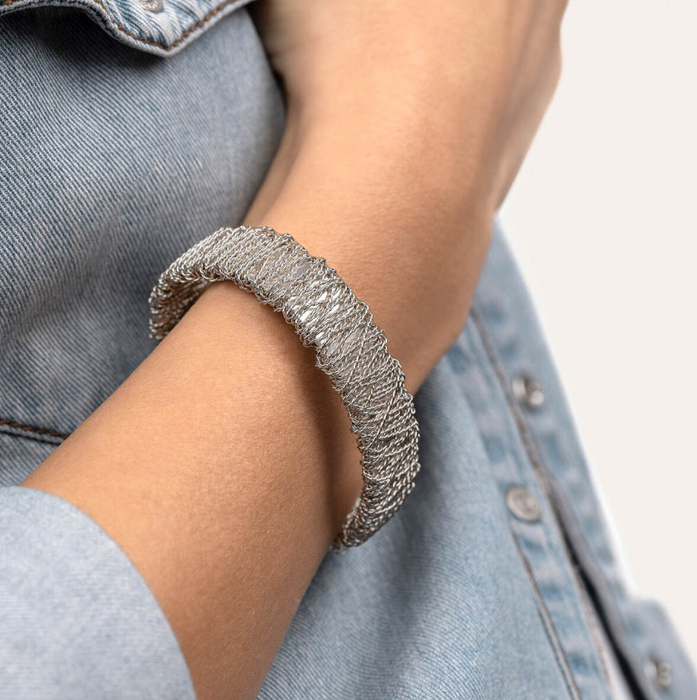 Silver Pleated Fascia Filo Intrecciato Bracelet