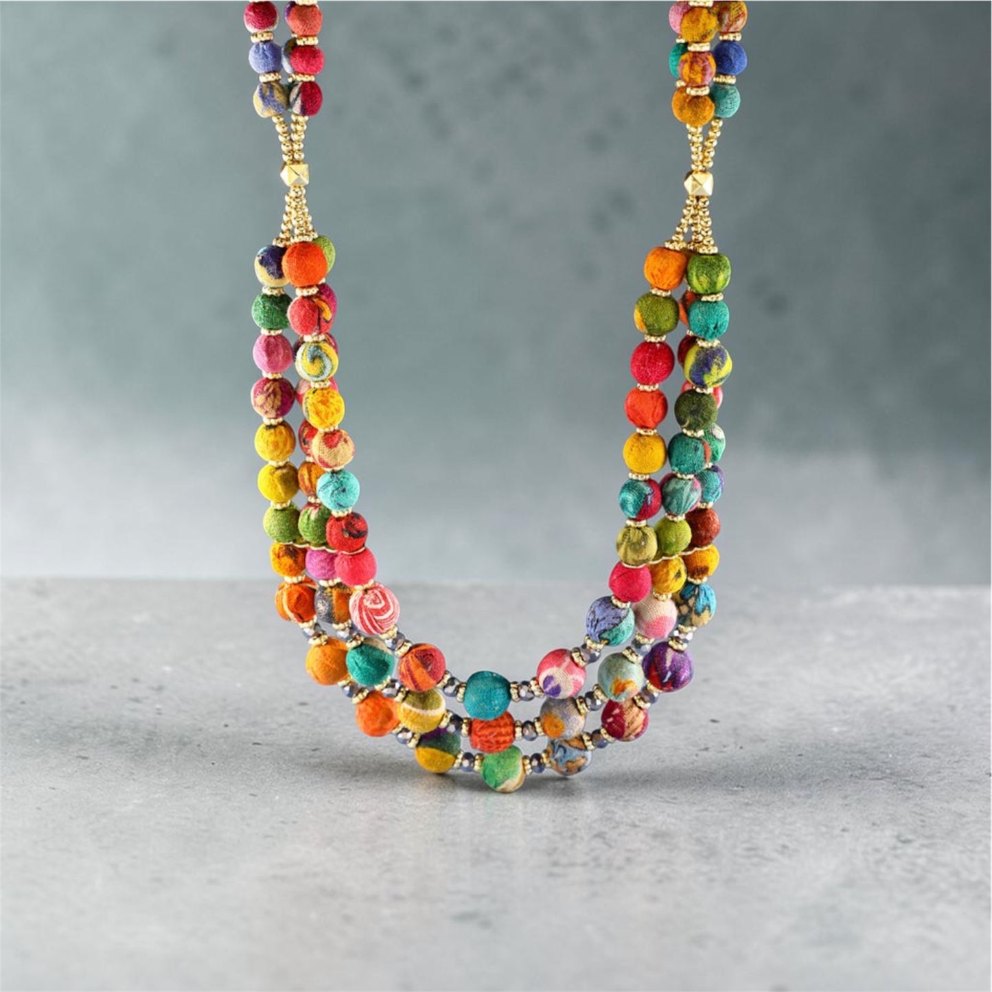 Fabric Covered Beads Long Necklace