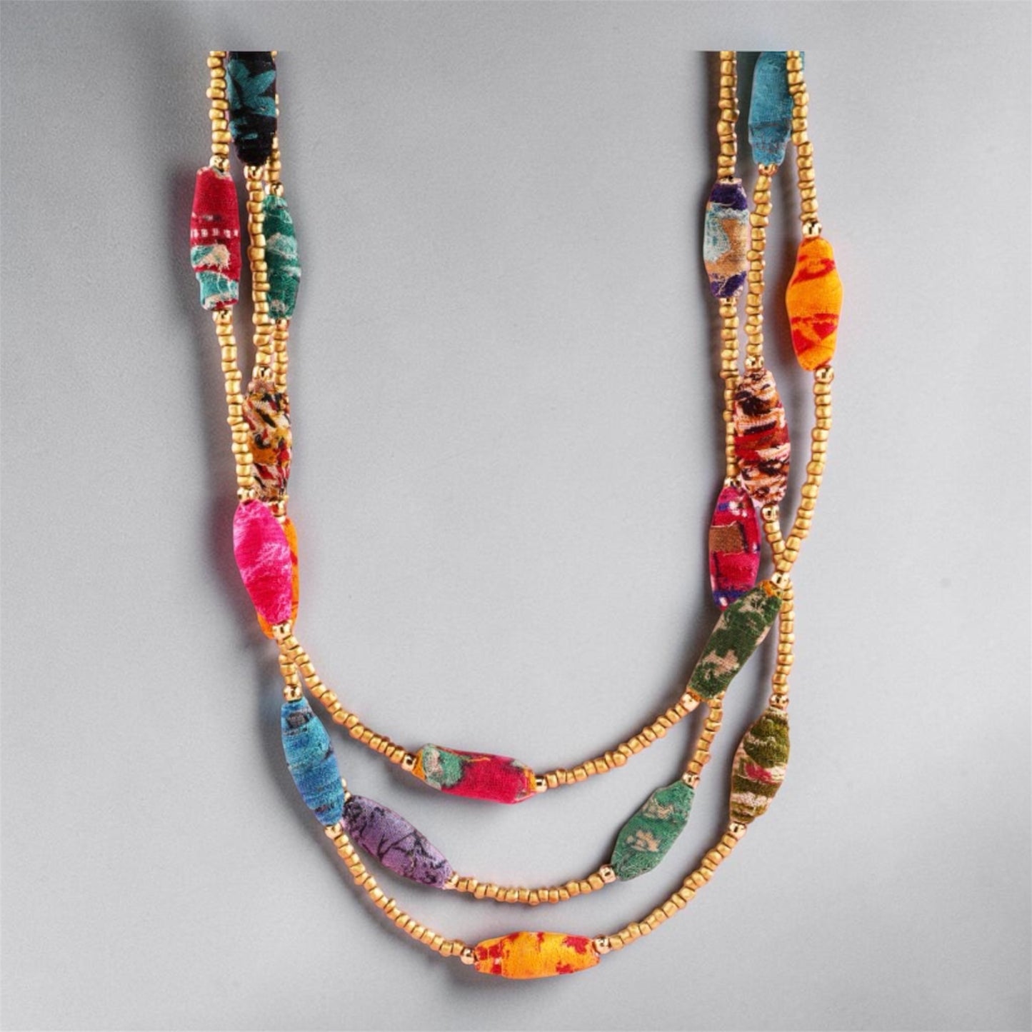 Fabric Covered Elongated Beads Necklace