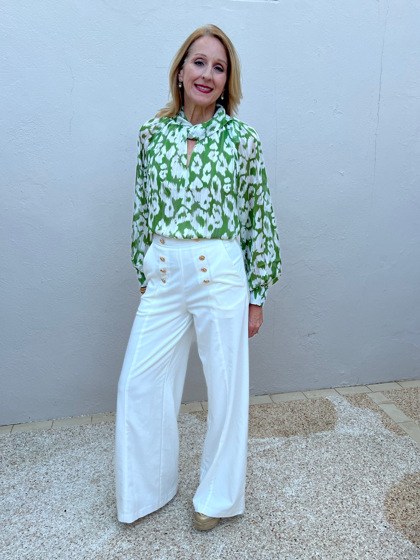 Green & White Knotted Collar Top